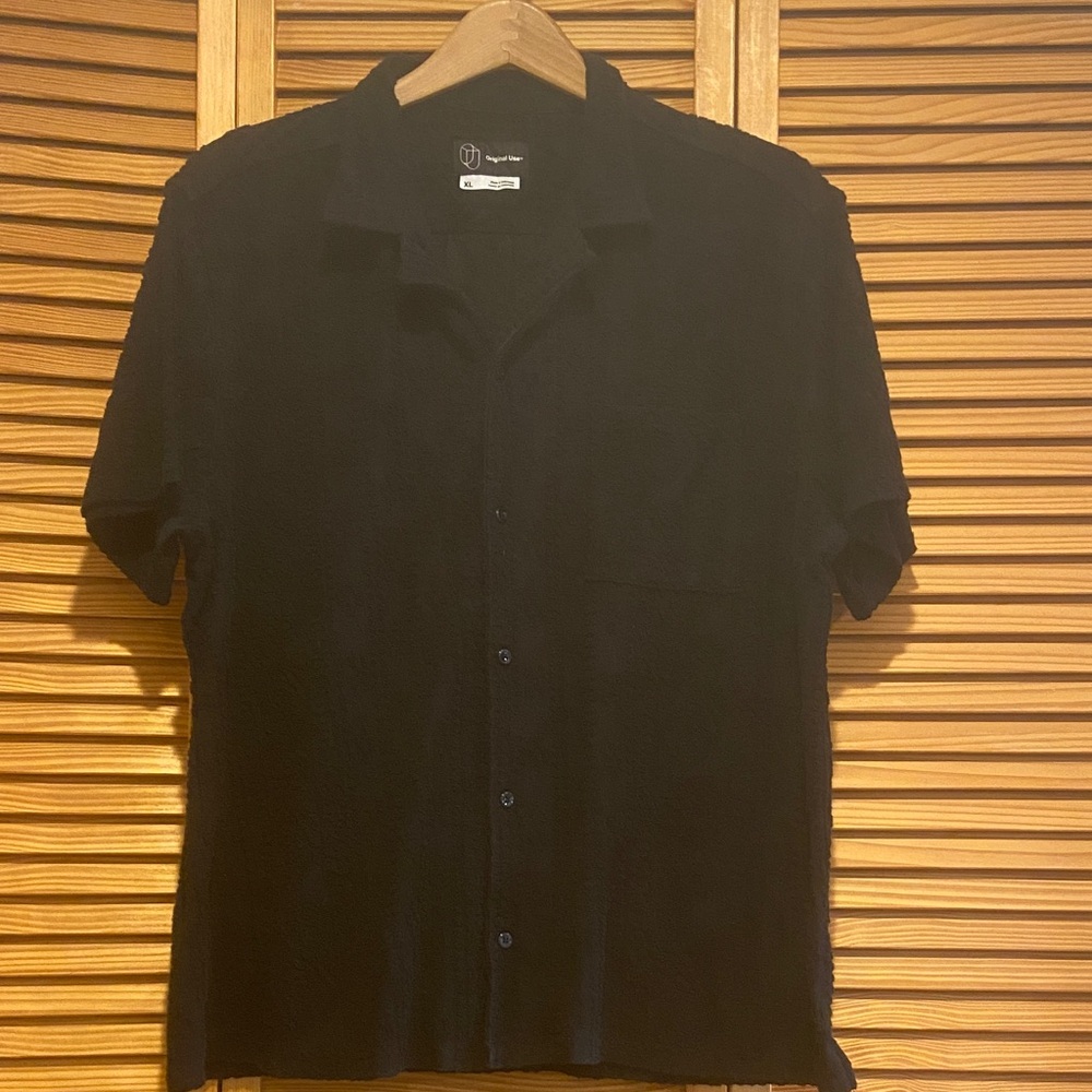 Original Use Black Terry Cloth like Button Down Shirt